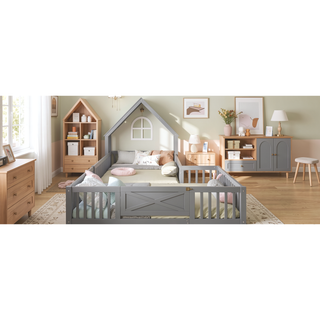 Sunvega Full Size House Floor Bed with Door and Full-Length Guardrails for Kids