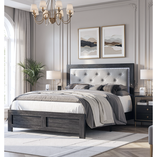 Sunvega Modern Beige Faux Leather Queen Panel Bed with Headboard Lighting