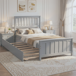 Sunvega White Twin Size Wood Platform Bed with Trundle for Maximized Space