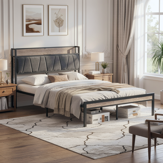 Sunvega Full Size Metal Platform Bed Frame with Upholstery Storage Headboard and Footboard