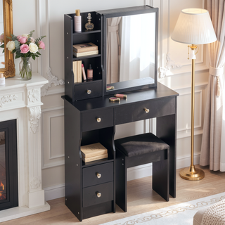 Sunvega Small Space Left Drawer Desktop Vanity Table with Cushioned Stool