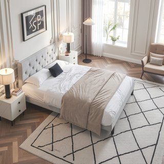Sunvega Modern Upholstered Platform Bed Frame with Button Tufted Linen Headboard