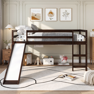 Sunvega Twin Size Wood Loft Bed with Slide Ladder and Guard Rails for Safety