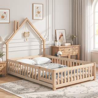 Sunvega Full Size House Shaped Headboard Floor Bed with Safety Fence Guardrails