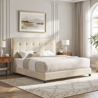 Sunvega Dynasty Beige King Size Tufted Upholstered Platform Bed with CertiPUR-US Foam