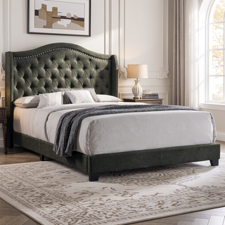 Sunvega Copper Beige Upholstered Queen Wingback Bed with Classic High Back Design