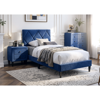 Sunvega Navy Blue Velvet Upholstered Twin Size Bed with Tufted Headboard