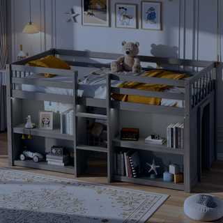 Sunvega Low Loft Bed With Two-Tier Shelves LED Light And Guardrail For Kids