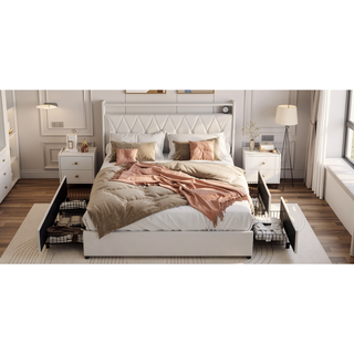 Sunvega Queen Bed Frame with Ergonomic Headboard Outlets Charger LED Light Storage