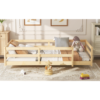 Sunvega Full Size Floor Bed with Fence for Kids Made of Sturdy Pine Wood