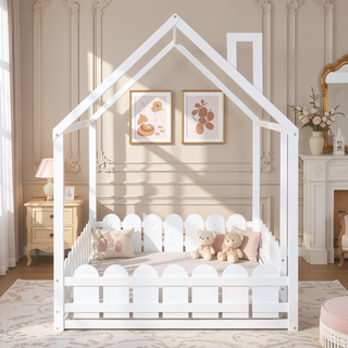 Sunvega Full Size Wood Playhouse Bed Frame with Fence for Kids and Teens