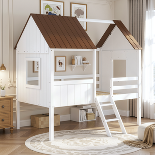 Sunvega Twin Size Low Loft Wood House Bed with Two Side Windows for Kids Playhouse