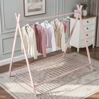 Sunvega Pink Twin Size Metal House Bed Frame with Slat Base for Kids