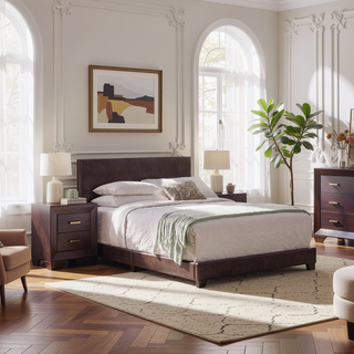 Sunvega Warwick Brown Upholstered Eastern King Panel Bed with Solid Wood Legs and Padded Frame