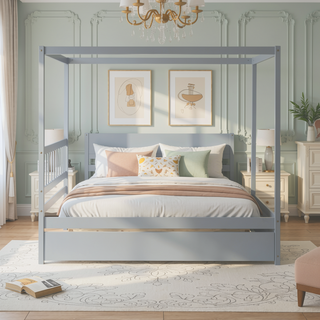 Sunvega Full Size House Canopy Bed Frame with Twin Trundle and Headboard Grey