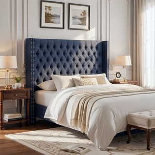Sunvega Grey Queen Upholstery Headboard with Button Tufted and Nailhead Decor