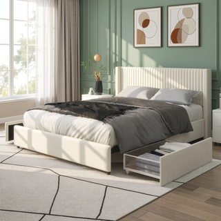 Sunvega Ivory Velvet Upholstered Wingback Queen Platform Bed with 2 Storage Drawers