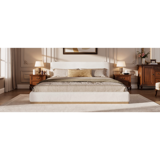 Sunvega Upholstered King Bed With Solid Wood Frame And Wooden Slatted Base White
