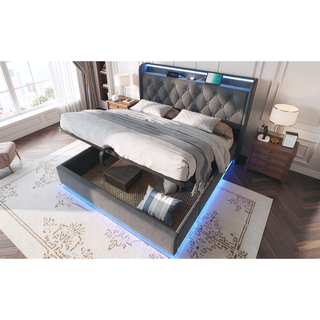 Sunvega Full Size Upholstered Bed with 360 LED Lighting Hydraulic Storage and USB Charging