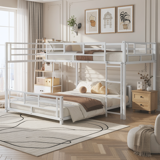 Sunvega L-Shaped Metal Twin Over Full Bunk Bed with Guard Rails