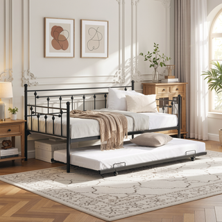 Sunvega Modern Black Daybed with Trundle for Space Saving Bedroom