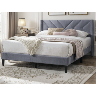 Sunvega Modern Gray Velvet Upholstered Queen Size Bed with Clean Lines Headboard