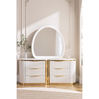 Sunvega White and Gold Six-Drawer Dresser with Soft-Closing Ball-Bearing Drawers