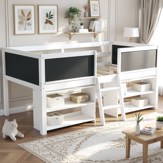 Sunvega Twin Size Low Loft Bed with Movable Shelves Ladder and Decorative Chalkboard Guardrail