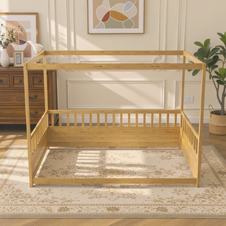 Sunvega Full Size Floor Bed with Canopy Design and Guardrails for Kids