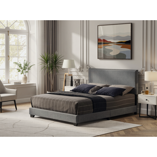 Sunvega Fully Upholstered Fabric Queen Bed with Nailhead Trim Accent and Wood Leg