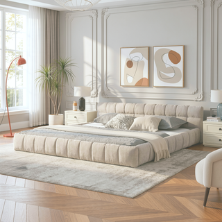 Sunvega Grounded California King Upholstered Bed Frame with Soft Chenille Fabric Headboard