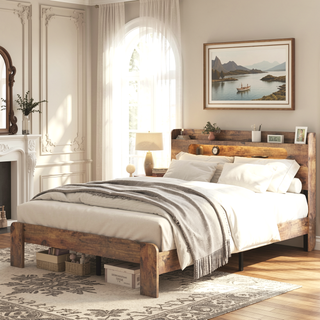 Sunvega Queen Wood Platform Bed Frame with Storage Headboard and 2 USB Ports