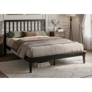 Sunvega Contemporary Queen Size Platform Bed with Black Wood Frame and Legs
