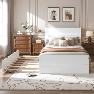 Sunvega Modern White High Gloss Twin Bed Frame with Light Oak Trundle for Space Saving