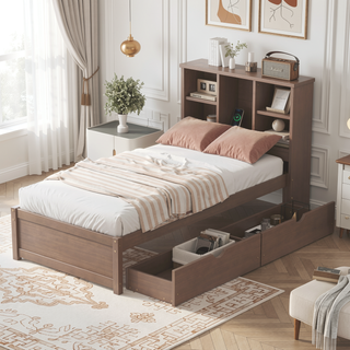 Sunvega Modern Twin Size Bed Frame With USB Port Bookcase Headboard and 2 Drawers