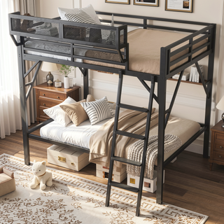 Sunvega Full Metal Loft Bed with Storage Shelf and Ladder for Kids Teens