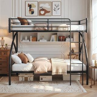 Sunvega Gray Metal Twin/Full Bunk Bed with Guard Rails and Ladder