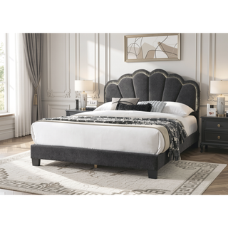 Sunvega Full Size Bed with Floral Design Headboard in Charcoal Wool Fabric