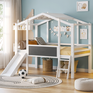 Sunvega Twin Size Loft Bed with Ladder Slide Blackboard and Light Strip
