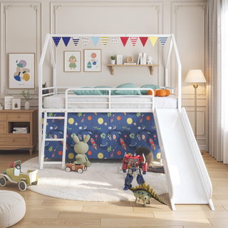 Sunvega Marvel Superhero Metal Twin Loft Bed with Slide and Curtain Set
