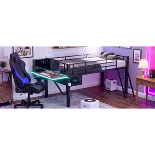 Sunvega Gaming Mid Loft Bed with Desk, LED Lights, Twin Size in Black