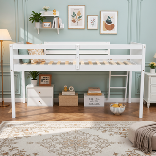 Sunvega White Full Size Low Loft Wood Bed with Convertible Left or Right Ladder