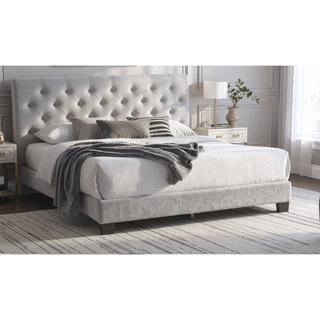 Sunvega Light Gray Wool Upholstered Queen Size Bed with Channel Tufting and LED Headboard