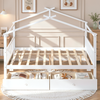 Sunvega Twin Size Wooden House Bed with Drawers and Headboard for Kids Room