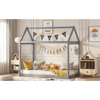 Sunvega Twin Size Gray Wooden House Bed with Eaves Design for Kids Room