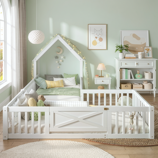 Sunvega Full Size House Floor Bed with Door and Full-Length Guardrails for Kids
