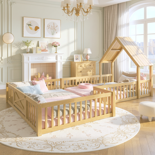 Sunvega Full Size House Floor Bed with Door and Full-Length Guardrails for Kids