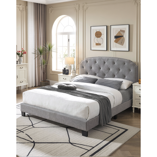Sunvega Light Gray Burlap Button Tufted Headboard Queen Size Bed with Nailhead Trim