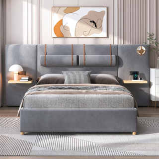 Sunvega Queen Upholstered Velvet Platform Bed with USB Ports and Storage Shelves