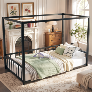 Sunvega Twin Size Modern Low-Profile Floor Bed Frame with Multi-Sided Fence Guardrails